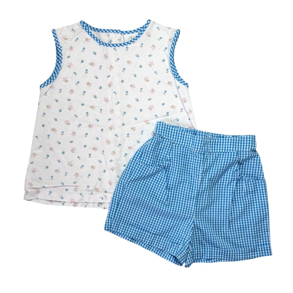 Lullaby Set Floral Gingham Short 2Pcs Outfit Blue White 6X